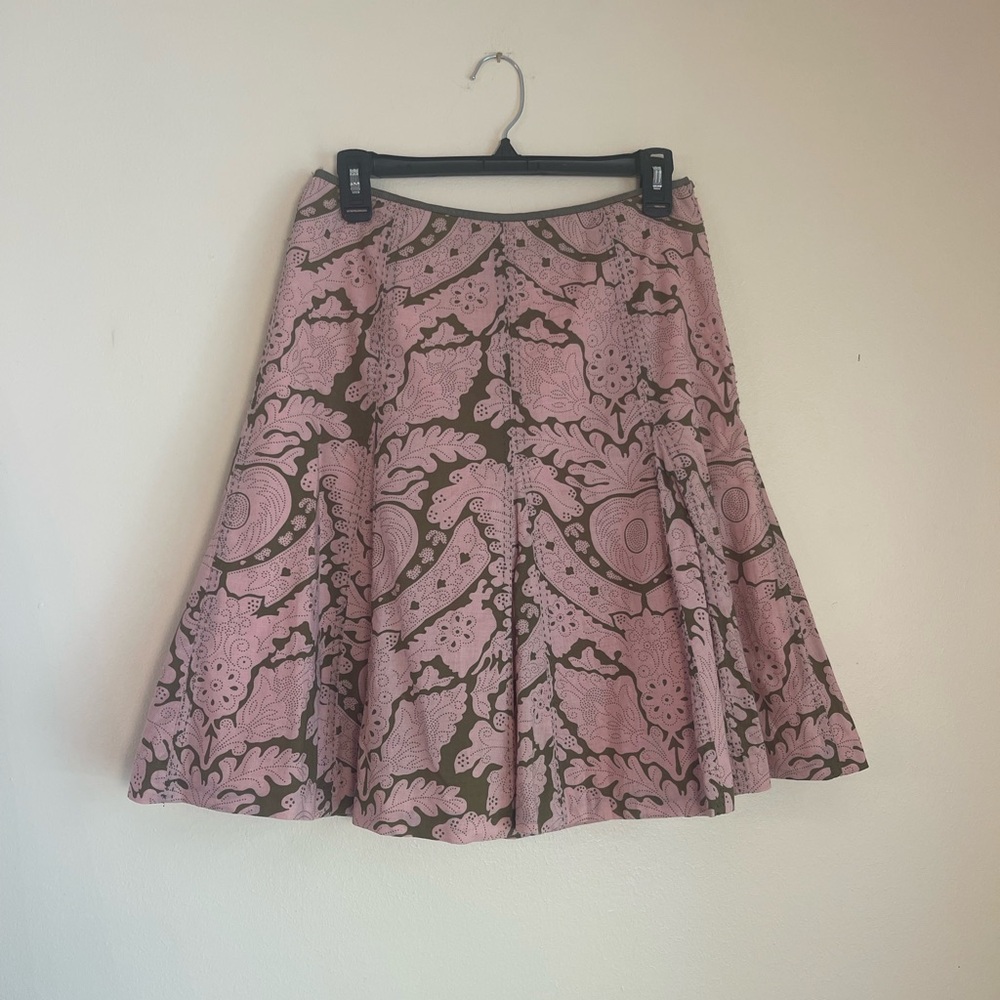 Boho Floral Fit and Flare Skirt Pink Olive Folk Print Cottagecore Prairie Sz 2